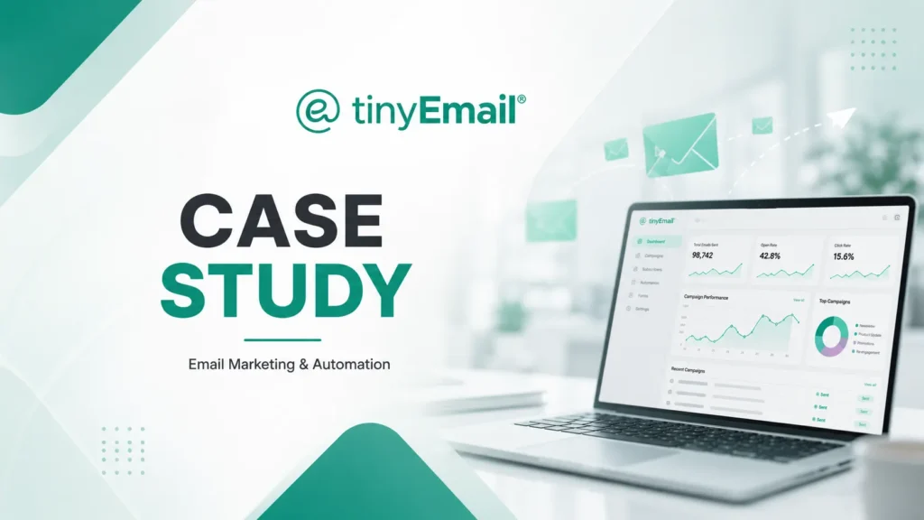 TinyEmail Case Study banner showing a laptop with marketing dashboards and teal geometric background, highlighting email marketing and automation.