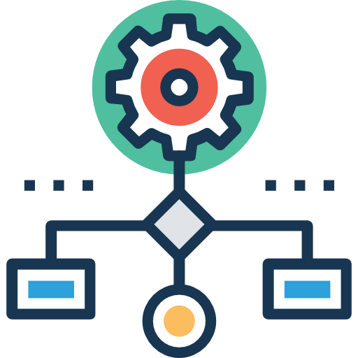 Gear icon above a branching diagram illustrating an automated system workflow
