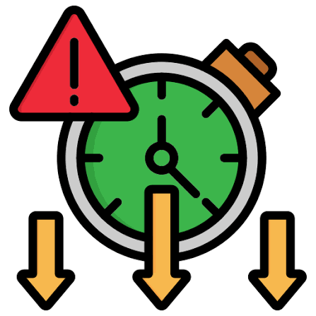 Green stopwatch with a red warning triangle and three downward arrows, signaling urgent countdown or time running out.