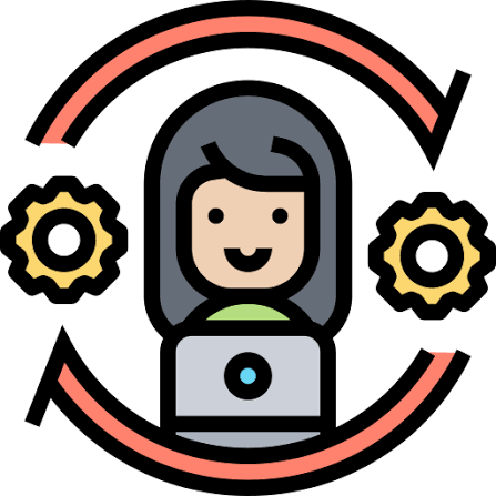 Cartoon person at a laptop with gears and circular arrows, symbolizing automation and IT workflow