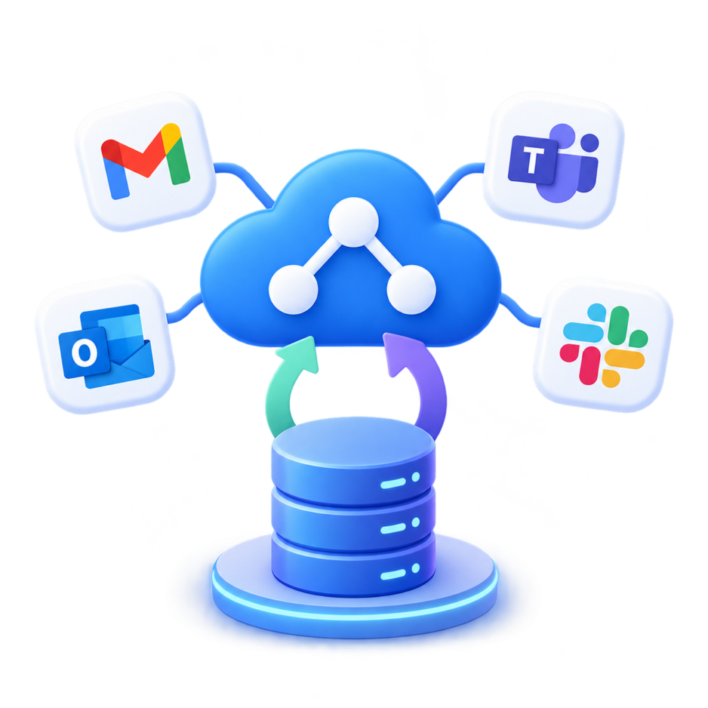 Cloud-based data hub linking Gmail, Outlook, Teams, Slack to a central database via arrows and network lines
