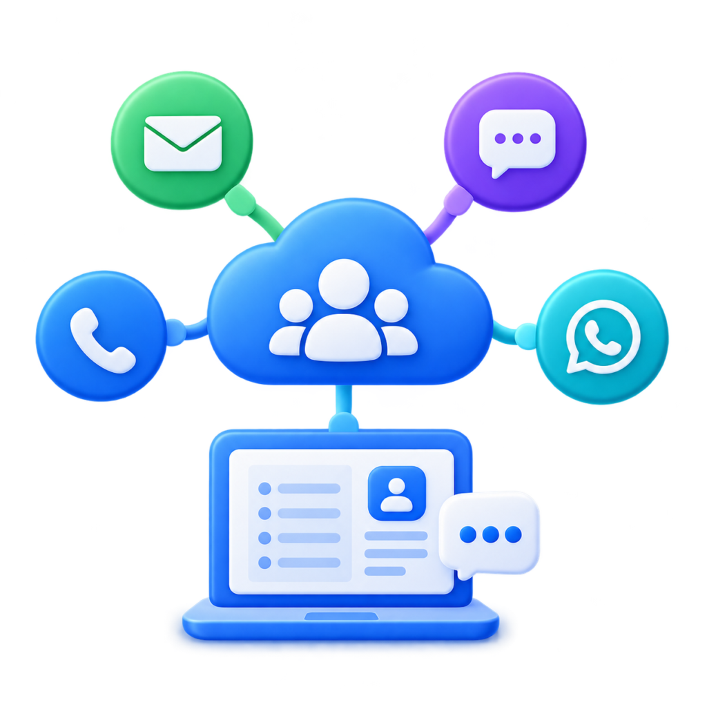 Blue cloud with a people icon connected to email, chat, phone, and messaging bubbles above a laptop contact dashboard.