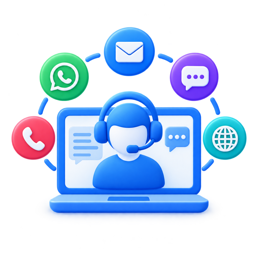 Online support concept: laptop with headset agent on screen surrounded by colorful chat icons (WhatsApp, email, chat, phone, web).