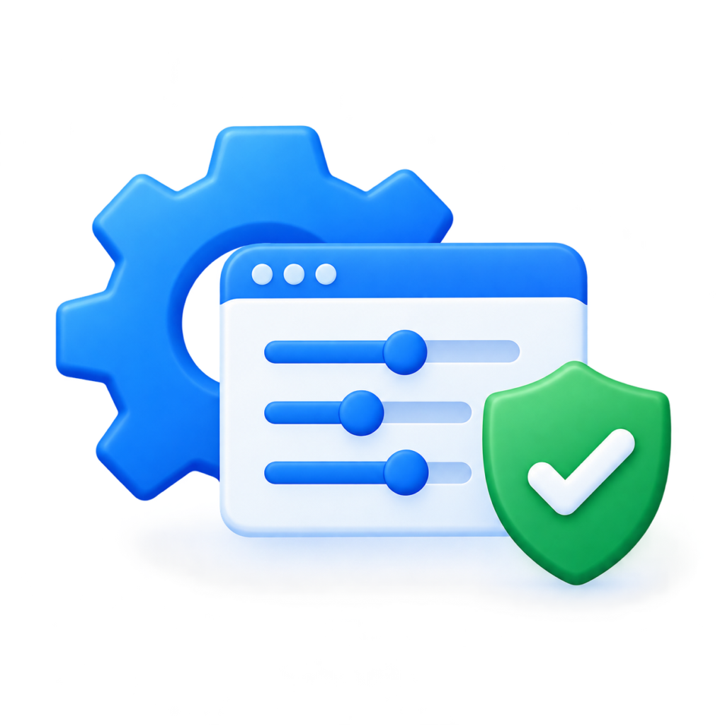 Settings panel with sliders and a security shield indicating enabled protections, blue and green icons present