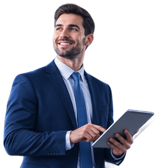 Smiling sales professional holding a tablet