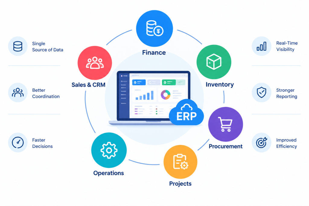 ERP infographic with a laptop centerpiece and colored circles for Finance, Inventory, Procurement, Projects, Operations, and Sales & CRM around it, illustrating integrated data