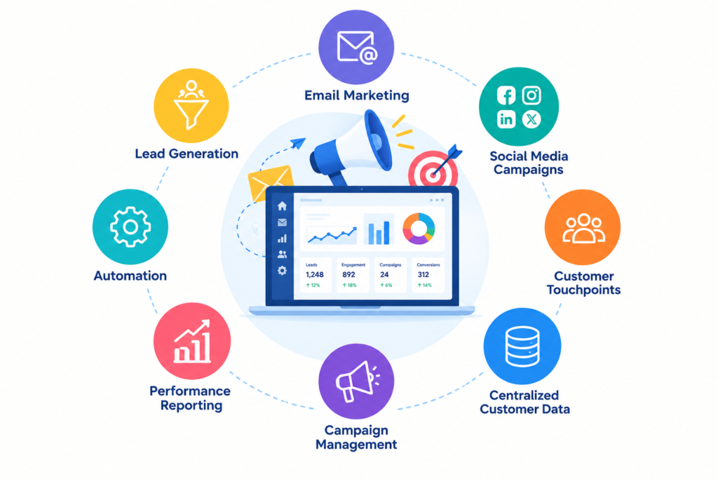 Infographic circle showing marketing components around a laptop: Email Marketing, Social Media Campaigns, Customer Touchpoints, Centralized Customer Data, Campaign Management, Performance Reporting, Automation, Lead Generation.
