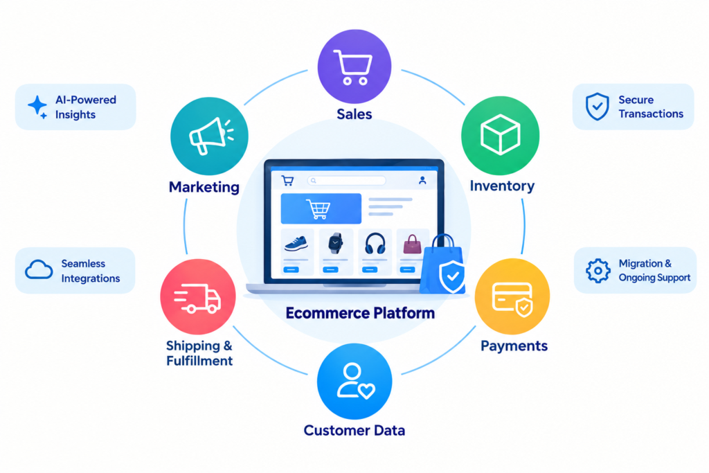 Ecommerce platform infographic with circular modules—Sales, Marketing, Inventory, Payments, Shipping & Fulfillment, and Customer Data—arranged around a central laptop screen with a storefront UI and icons for each module, plus side banners like AI-Powered Insights and Secure Transactions.