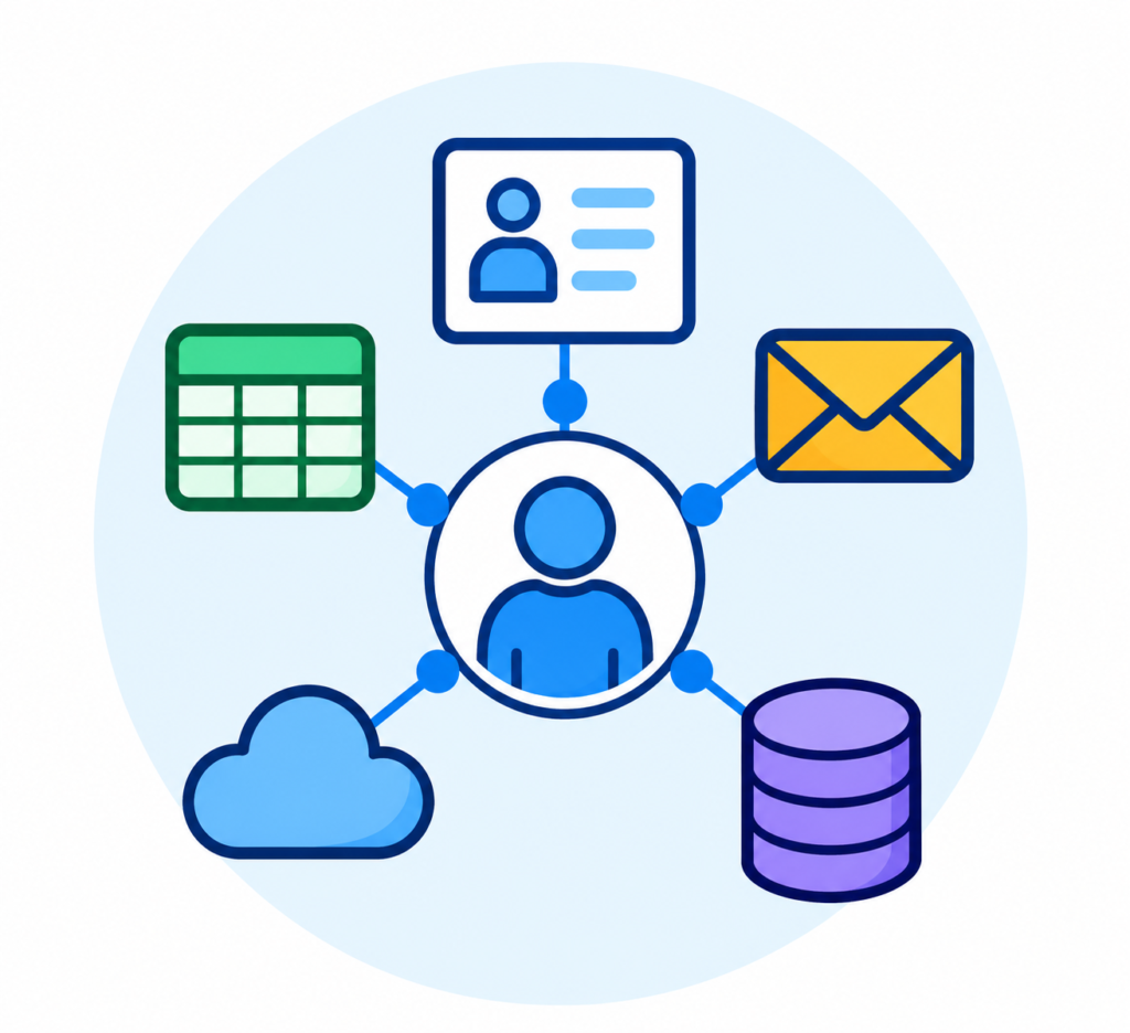 Central user avatar connected to profile card, calendar, email, cloud, and database icons (network hub)