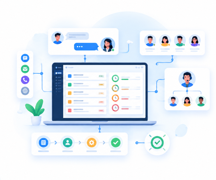 Laptop dashboard with colorful charts and status indicators connected to team avatars and icons across the scene.