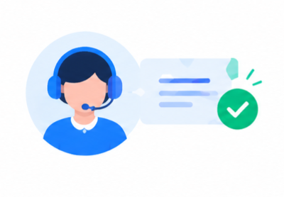Support agent avatar wearing a headset with a chat bubble and a green checkmark, indicating a resolved or verified message.