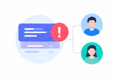Chat bubble with a red alert icon linked to two user avatars, signaling an important warning to team members.