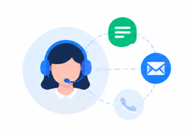 Support agent with headset connected to chat, email, and phone options for assistance
