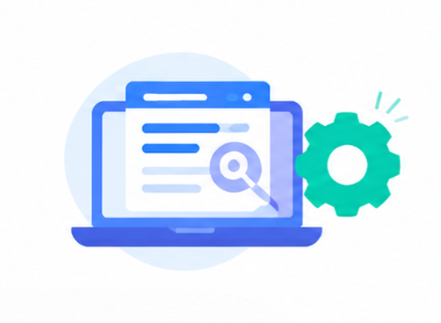 Illustration of a laptop with documents, a magnifying glass for search, and a gear symbolizing optimization.