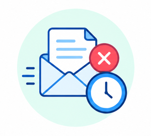 Illustration of a failed email delivery: envelope and letter with a red X and a clock symbol