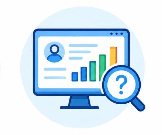 Desktop monitor showing a user avatar and colorful charts, with a magnifying glass and a question mark for data analysis help.