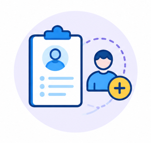 Iconic clipboard with a user profile and a plus badge indicating adding a new contact or member to a list, in a circular background.