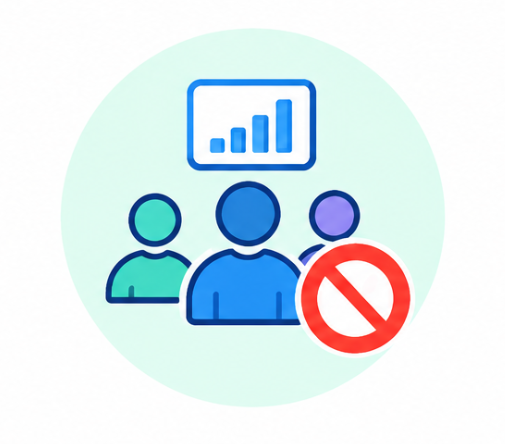 Illustration of three people in front of a presentation screen with a red no-entry sign, indicating restricted access or attendance ban.