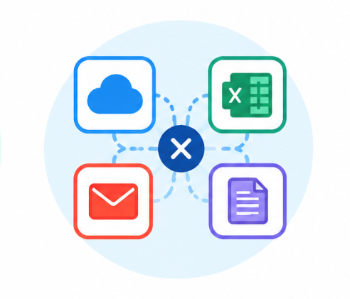 Central blue hub with an X connected to icons for cloud storage, Excel, email, and a document, symbolizing app integration.