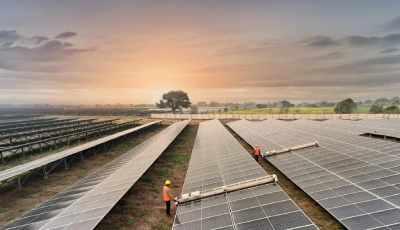 Solar farm with rows of solar panels at sunrise; workers in orange vests walk between the rows.