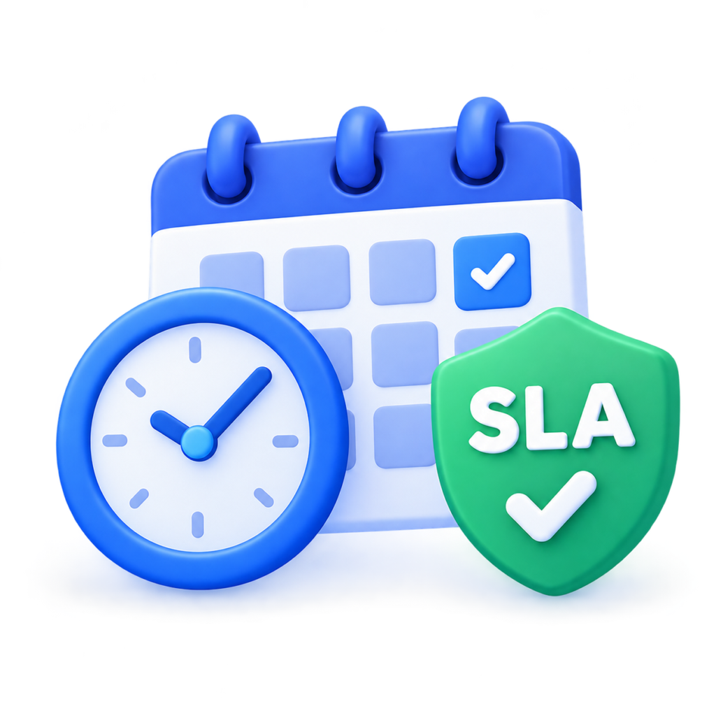 Calendar with a clock and a green SLA shield, indicating on-time service and agreement timing