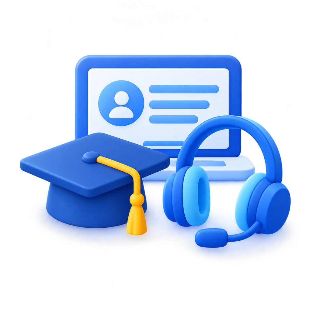 Online learning concept with a blue graduation cap, headset, and a laptop displaying a user icon.