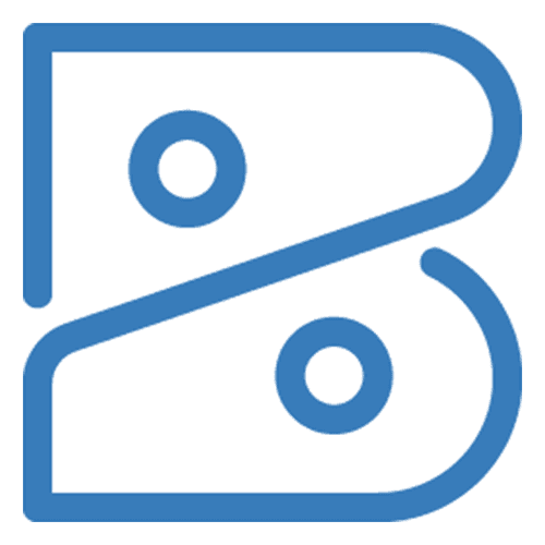 Abstract blue logo with two curved bands and circular cutouts.