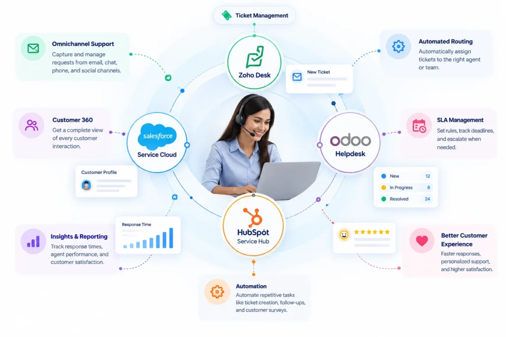 Infographic showing an agent at center with connected service platforms (Zoho Desk, HubSpot Service Hub, Salesforce Service Cloud, Odoo Helpdesk) and supporting tools like Automation and Omnichannel Support for an integrated customer service ecosystem.