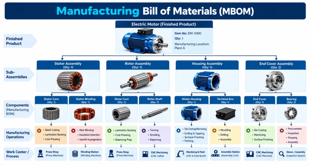 Electric Motor MBOM Infographic - CRM Masters Infotech Manufacturing BOM (MBOM)