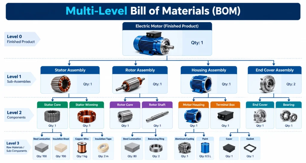 Multi-Level Electric Motor BOM Infographic - CRM Masters Infotech Multi-Level BOM