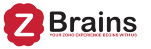 Zoho Brains logo: red flower-shaped emblem with a white Z and the word 'Brains' in black, plus the tagline 'Your Zoho experience begins with us'.