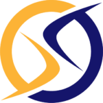 Abstract circular logo with interlocking orange and navy blue swooshes forming a stylized emblem of two curved shapes.