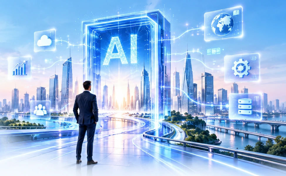 Business leader looking at a futuristic AI-powered city connected by cloud, data and automation icons