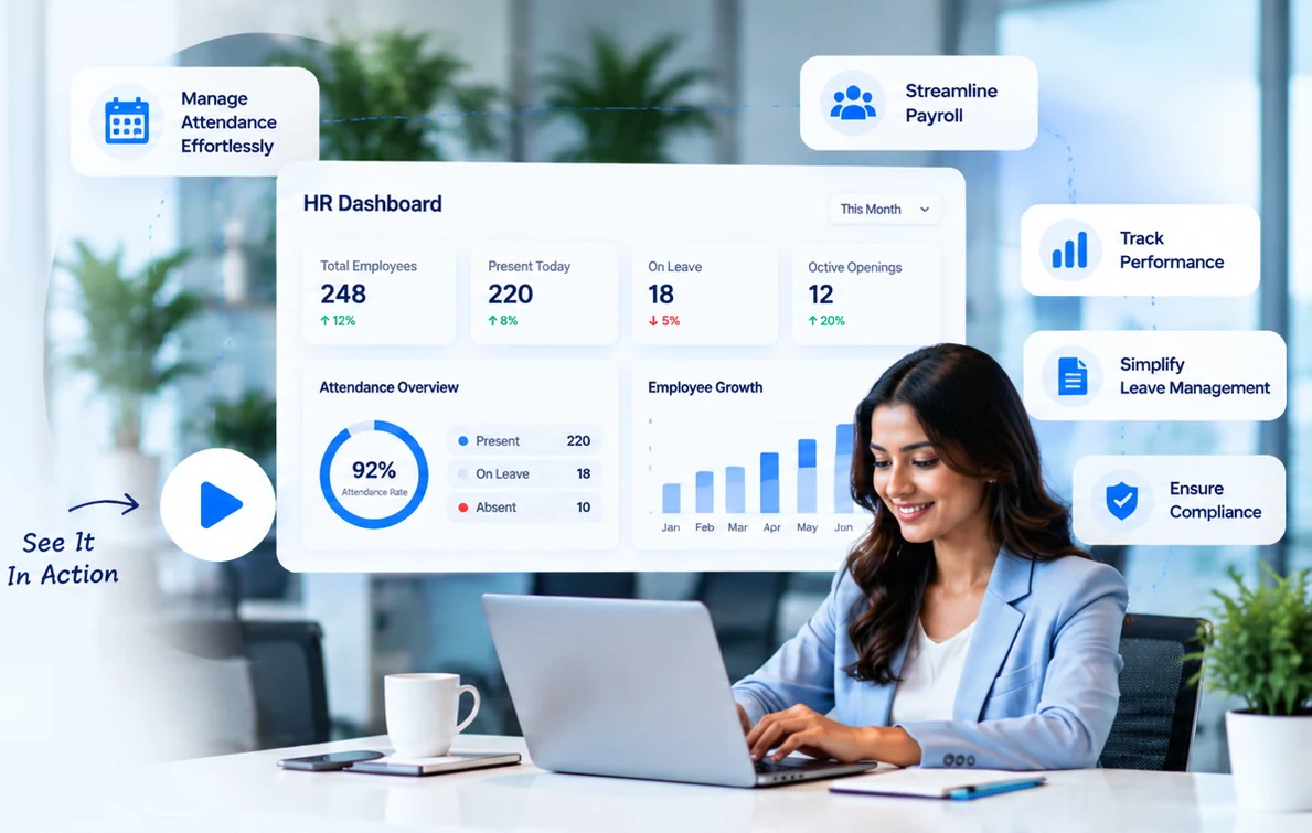 HR manager working on a laptop with an HR dashboard showing attendance, leave and employee growth