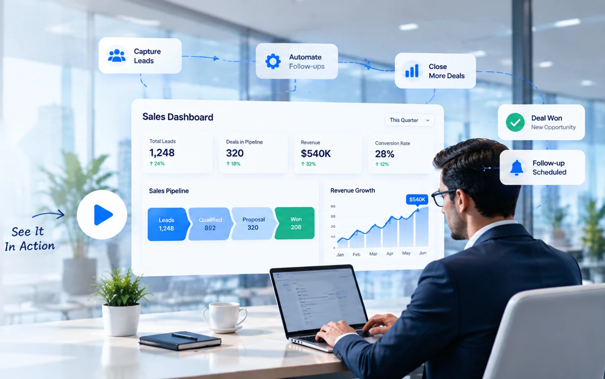 Sales professional working on a laptop with a sales dashboard showing pipeline, revenue growth and won deals
