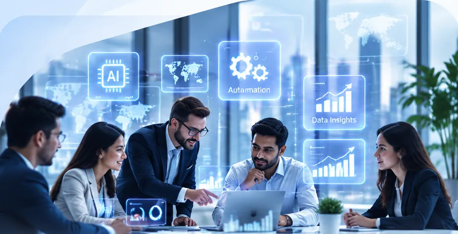CRM Masters consultants collaborating around AI, automation and data insight dashboards