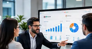 Consultants reviewing a Zoho dashboard with a client