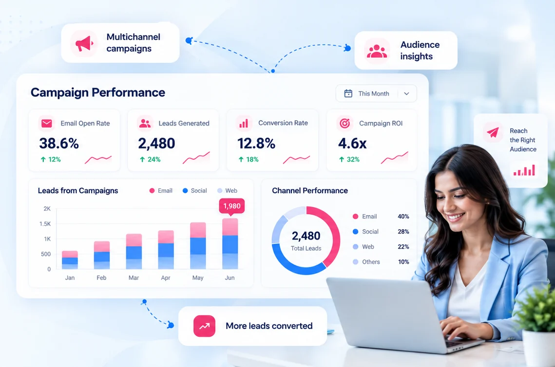 Campaign performance dashboard with open rate, leads generated, conversion rate and channel mix