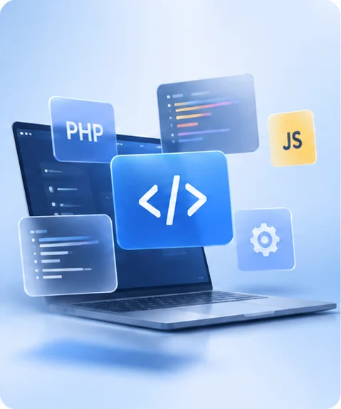Laptop surrounded by PHP, JavaScript and code panels