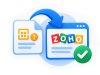 Zoho-style illustration with a browser window showing colorful tiles and a green checkmark, signaling success.