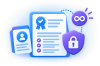 Document and ID cards with a blue certificate ribbon, plus a purple shield with a white lock—symbolizing secure identity and access.