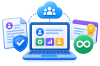 Illustration of a laptop with a cloud icon above, surrounded by documents, a shield, and an infinity symbol, illustrating cloud security and collaboration.