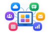 Central laptop surrounded by colorful app icons (cloud, chat, people, email, calendar, analytics) connected by dotted lines, illustrating app integration.