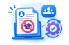 Illustration of a laptop screen with a document showing a no-entry symbol over a graduation cap, plus a group icon and a gear with a checkmark, signaling restricted access and user management.