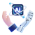 Agentic AI for CRM A pink, human-like hand and a white robotic hand reach toward a blue AI icon with orbiting rings, symbolizing human–machine collaboration.