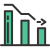 Bar chart with three green bars of varying heights on a black baseline, plus a dark line showing a downward trend.