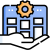 Hand supporting a blue building with a gear on top, symbolizing facility or operations support.
