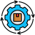 Blue gear enclosing a cardboard box, with circular arrows around it, signaling a packaging or recycling/automation process.
