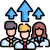 Group of three professionals with upward arrows above, indicating team growth or progress.