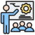 Instructor points to a presentation board showing a gear diagram while three students watch in a classroom setting.